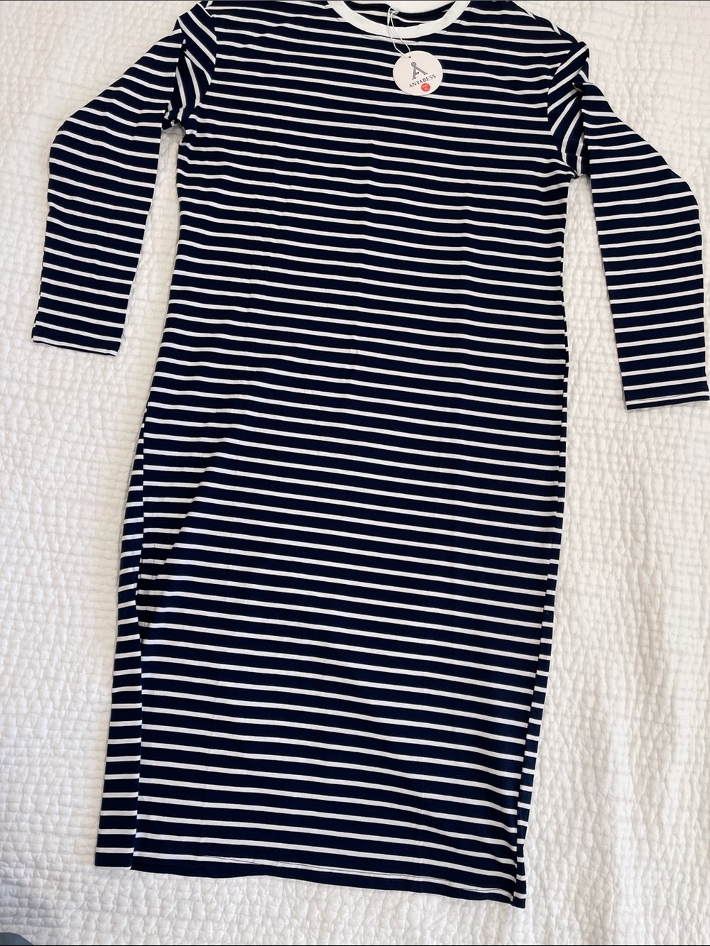 Women's Navy and White Striped Long Sleeve Dress
